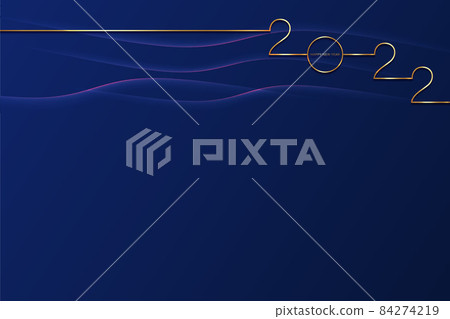 golden 2022 Happy New Year card with premium foil gradient texture lines, dark background. Festive luxury design for holiday card, invitation, calendar poster. 2022 New Year gold text on blue 84274219