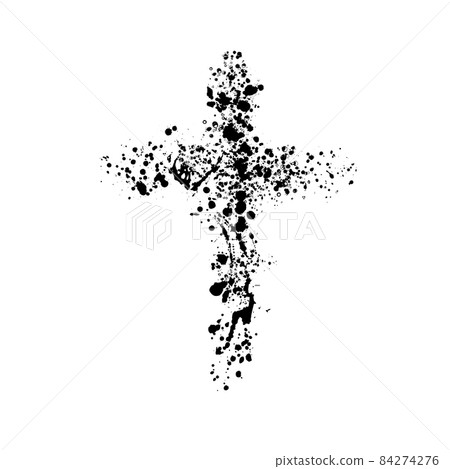 Hand drawn black grunge cross icon, simple Christian cross sign, hand-painted cross symbol created with real ink brush isolated on white background. 84274276