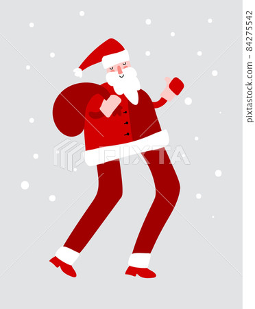 Hand drawn vector Santa Claus running with red gift bag fun Merry Christmas time illustration greeting card, bag of many surprise gifts isolated on gray snow background 84275542