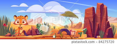 Desert landscape with scared tiger and trash Desert landscape with scared tiger and trash 84275720