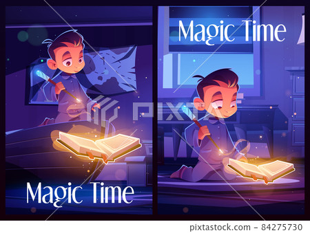 Magic time flyers with boy with spell book 84275730