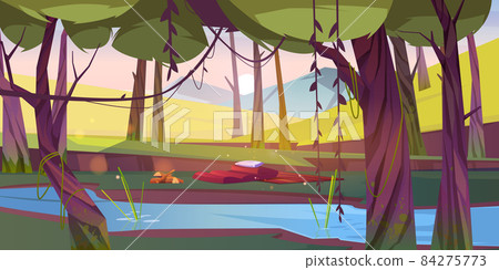 Tourist halt at forest pond, camping place in wood 84275773