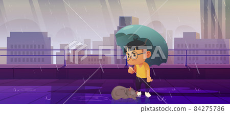 Boy under umbrella with homeless cat in fall rain Boy under umbrella with homeless cat in fall rain 84275786