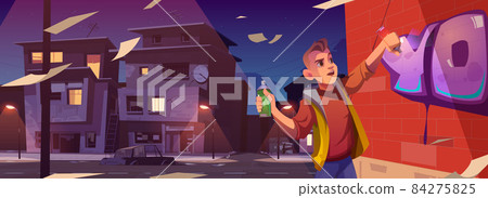 Graffiti painter in night ghetto cartoon banner Graffiti painter in night ghetto cartoon banner 84275825