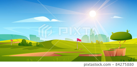 Golf course nature landscape, green grass, flag Golf course nature landscape, green grass, flag 84275880