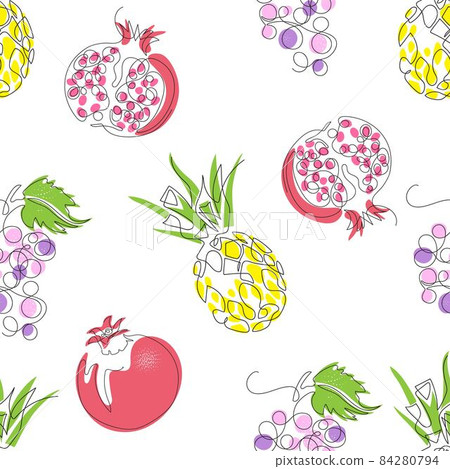 Seamless pattern with the image of fruits. Pineapple, pomegranate, grapes. Seamless pattern with the image of fruits. Pineapple, pomegranate, grapes. 84280794