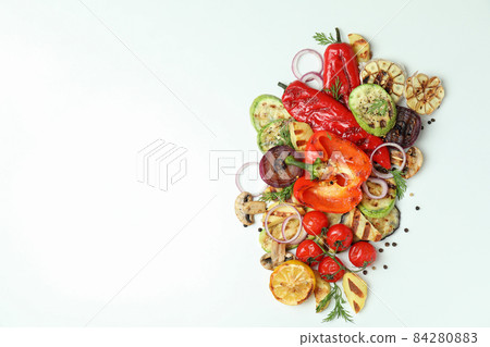 Concept of tasty eating with grilled vegetables, space for text Concept of tasty eating with grilled vegetables, space for text 84280883