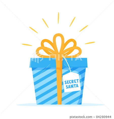 Secret Santa gift with tag. Christmas surprise present in wrapped gift box with bow. Vector illustration Secret Santa gift with tag. Christmas surprise present in wrapped gift box with bow. Vector illustration 84280944