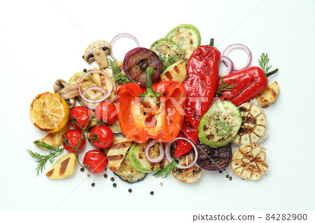 Concept of tasty eating with grilled vegetables, top view Concept of tasty eating with grilled vegetables, top view 84282900