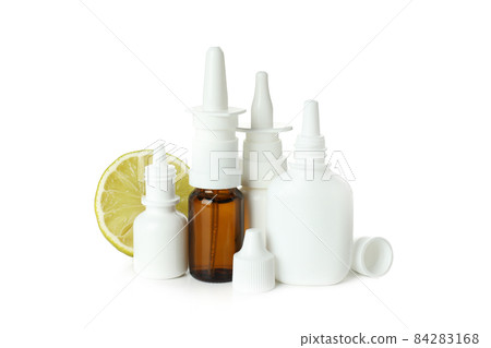 Blank bottles of nasal spray isolated on white background Blank bottles of nasal spray isolated on white background 84283168