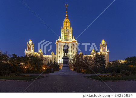 The Main building of Lomonosov Moscow State University on Sparrow Hills (autumn evening). It is the highest-ranking Russian educational institution. Russia 84285934