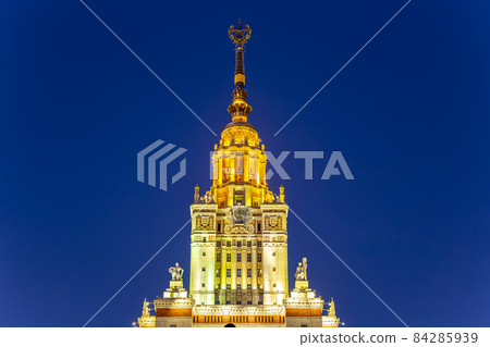 Main building of Lomonosov Moscow State University on Sparrow Hills (autumn evening). It is the highest-ranking Russian educational institution. Russia 84285939