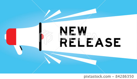 Color megphone icon with word new release in white banner on blue background Color megphone icon with word new release in white banner on blue background 84286350