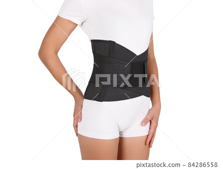 Orthopedic lumbar corset on the human body. Back brace, waist support belt for back. Posture Corrector For Back Clavicle Spine. Post-operative Hernia Pregnant and Postnatal Lumbar brace after surgery. Orthopedic lumbar corset on the human body. Back brace, waist support belt for back. Posture Corrector For Back Clavicle Spine. Post-operative Hernia Pregnant and Postnatal Lumbar brace after surgery. 84286558