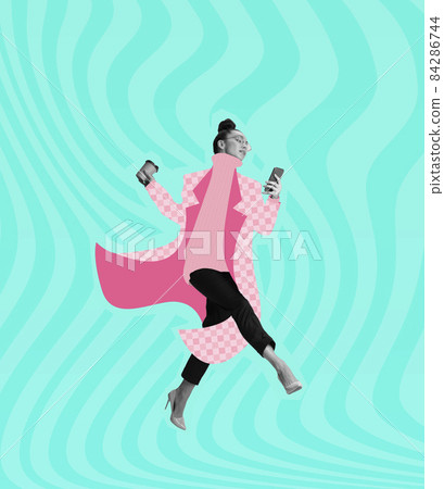 Modern design, contemporary art collage. Inspiration, idea, trendy urban magazine style. Composition with girl wearing warm clothes in cold weather Modern design, contemporary art collage. Inspiration, idea, trendy urban magazine style. Composition with girl wearing warm clothes in cold weather 84286744