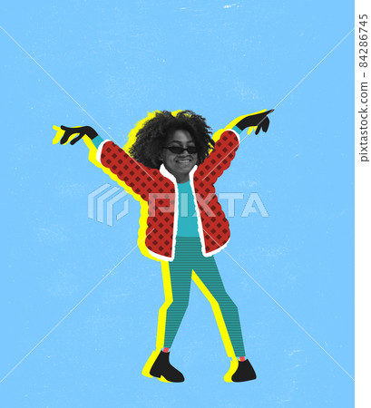 Contemporary art collage. Inspiration, idea, trendy urban magazine style. Composition with happy girl wearing warm clothes in cold weather Contemporary art collage. Inspiration, idea, trendy urban magazine style. Composition with happy girl wearing warm clothes in cold weather 84286745