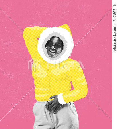 Contemporary art collage. Inspiration, idea, trendy urban magazine style. Composition with happy girl wearing warm clothes in cold weather 84286746