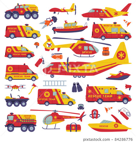 Rescue Equipment with Specialized Machine and Emergency Vehicle for Urgent Saving of Life Vector Set 84286776