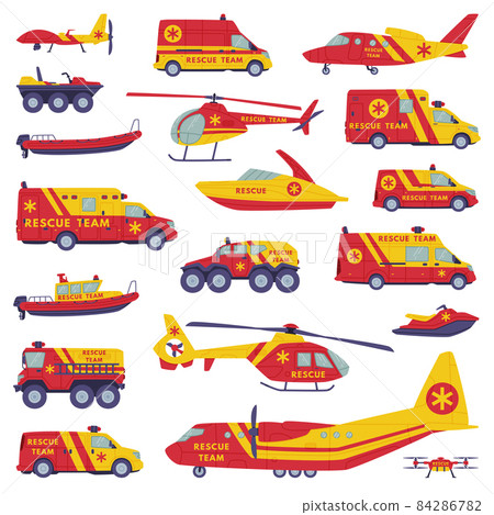 Rescue Equipment with Specialized Machine and Emergency Vehicle for Urgent Saving of Life Vector Set 84286782
