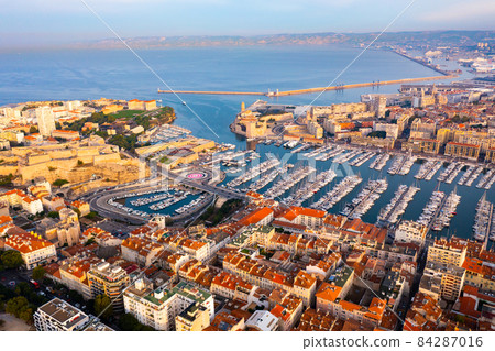 Aerial view of town and port in Marseille city with of sailboats and yachts 84287016