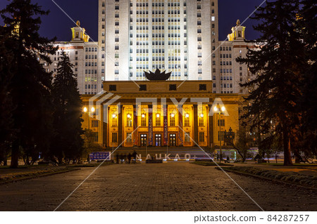 The Main building of Lomonosov Moscow State University on Sparrow Hills (autumn evening). It is the highest-ranking Russian educational institution. Russia 84287257