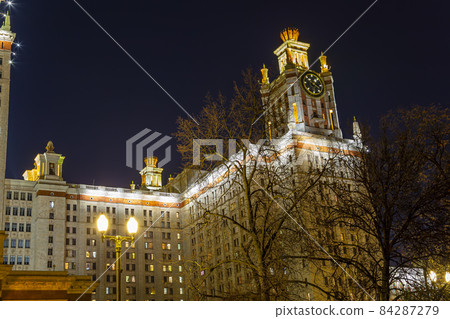The Main building of Lomonosov Moscow State University on Sparrow Hills (autumn evening). It is the highest-ranking Russian educational institution. Russia 84287279