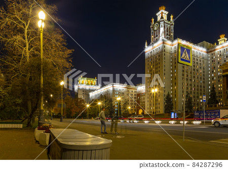 The Main building of Lomonosov Moscow State University on Sparrow Hills (autumn evening). It is the highest-ranking Russian educational institution. Russia 84287296