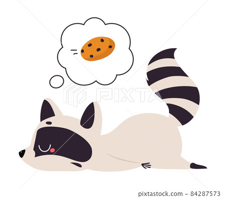 Cute Raccoon Character with Ringed Tail Lying and Dreaming of Cookie Vector Illustration Cute Raccoon Character with Ringed Tail Lying and Dreaming of Cookie Vector Illustration 84287573