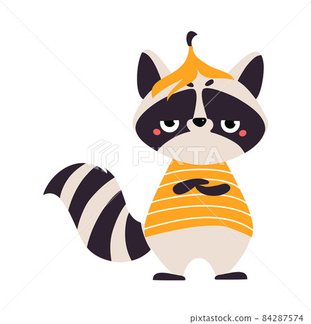 Cute Raccoon Character with Ringed Tail Wearing Striped Sweatshirt with Banana Peel on Its Head Vector Illustration Cute Raccoon Character with Ringed Tail Wearing Striped Sweatshirt with Banana Peel on Its Head Vector Illustration 84287574