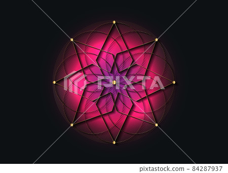 Gold Sacred Geometry, eight pointed star. Logo icon Geometric mystic mandala of alchemy esoteric Seed of life. Vector concentric circles divine meditative amulet isolated on purple background Gold Sacred Geometry, eight pointed star. Logo icon Geometric mystic mandala of alchemy esoteric Seed of life. Vector concentric circles divine meditative amulet isolated on purple background 84287937