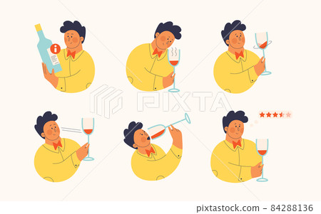 Set of vector cute illustrations for wine tasting. Cute man is exploring the wine for taste, drink, swirl, aroma, appreciation. Isolated objects for design and graphics. 84288136