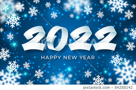 2022 happy new year background. Numeral text calligraphy banner. Abstract snowflakes white blue 3d greeting card. Christmas magic time poster template. Winter holiday concept vector illustration 84288142