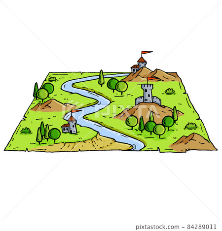 Castle fort with tower. Medieval landscape in engraving style. Valley with river and forest. Old retro hand drawn map. 84289011