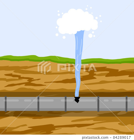 Pipeline in underground. Breakthrough and leaking. Sewage system. Sewer accident and water main break. Layer of earth and soil in section. Water fountain. 84289017