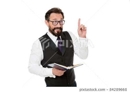 Man formal clothes hold notepad white explain business  84289668