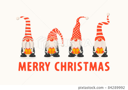 Merry Christmas Greeting Card. Vector Christmas Cute Gnome with Caps Set in Flat Style Isolated. Design Template for Merry Christmas and Happy New Year Banner. Cartoon Kids Character - Funny Gnomes 84289992