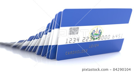 Domino effect with falling credit cards with flags of El Salvador. Conceptual 3d rendering 84290104