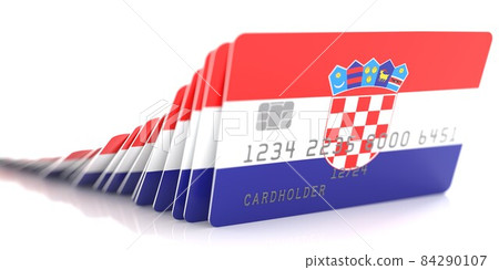 Domino effect with falling credit cards with flags of Croatia. Conceptual 3d rendering 84290107