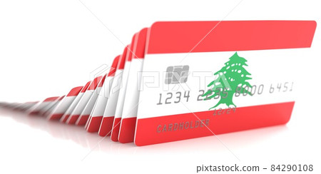 Domino effect with falling credit cards with flags of Lebanon. Conceptual 3d rendering 84290108