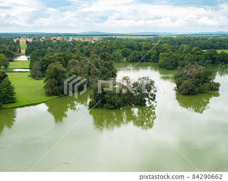 Castle lake, Dyje river and popular Lednice castle in the large park, 84290662