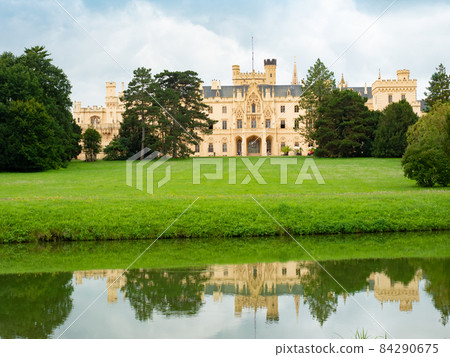 Castle lake, Dyje river and popular Lednice castle in the large park, Castle lake, Dyje river and popular Lednice castle in the large park, 84290675