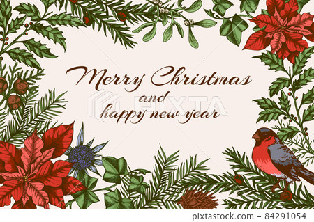 Christmas greeting card with evergreen plants and bullfinch bird 84291054