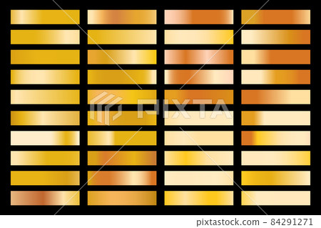 Metalic gradient collection with shiny gold hologram. Holographic foil texture, gold rose, brown and golden gradation. Vector set for frame, ribbon, border, other design 84291271