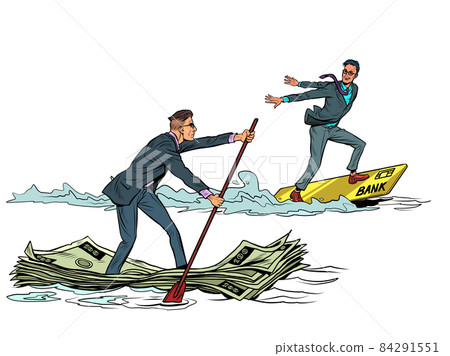 Businessmen are sailing. Competition of cash and electronic money on a plastic card Businessmen are sailing. Competition of cash and electronic money on a plastic card 84291551