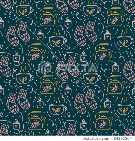 The pattern of the Hugge style is home comfort and warmth. The background for textiles is a cozy house in the Danish style. Home comfort with candles, a teapot, a cup, a book for textiles.  84292564