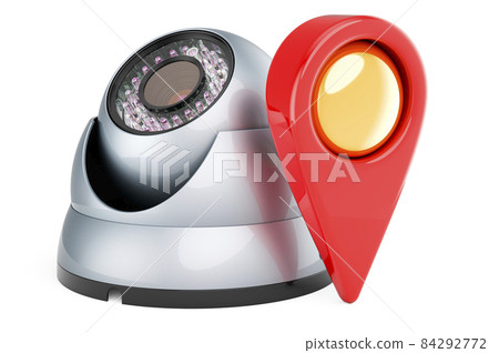 Dome security camera with map pointer. 3D rendering 84292772