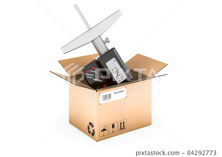 Digital depth micrometer inside cardboard box, delivery concept. 3D rendering Digital depth micrometer inside cardboard box, delivery concept. 3D rendering 84292773