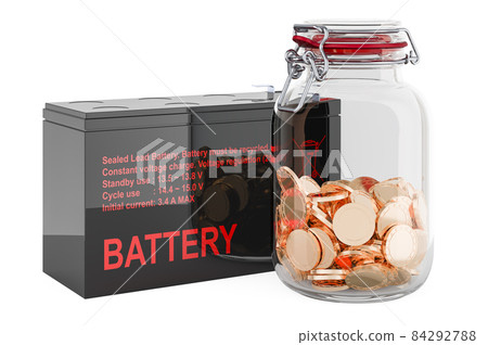 Sealed UPS battery with glass jar full of golden coins, 3D rendering 84292788