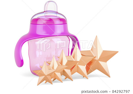 Non spill kids cup with five golden stars. Customer rating of non-spill cups. 3D rendering 84292797
