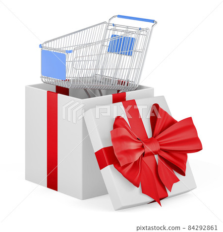 Shopping cart inside gift box, 3D rendering 84292861